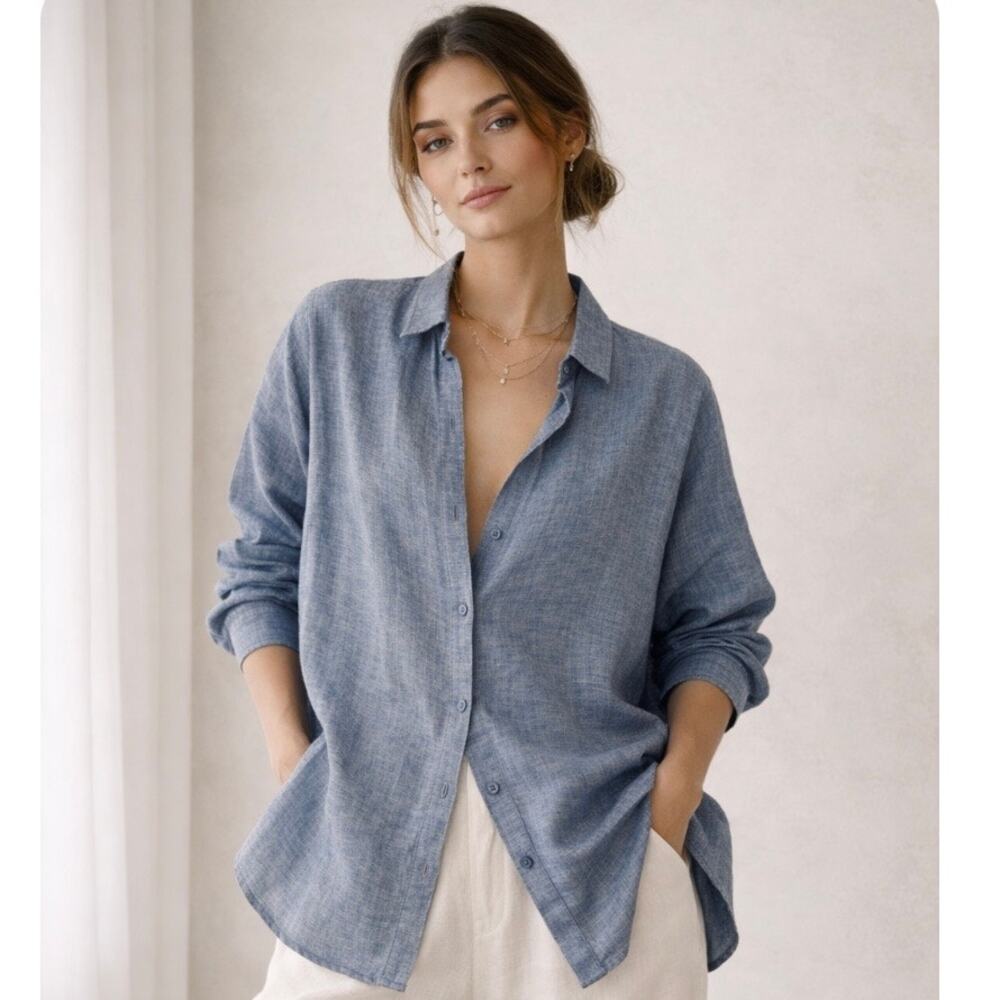 Garnet Hill Blue Linen Oversized Button Down Shirt Petite M